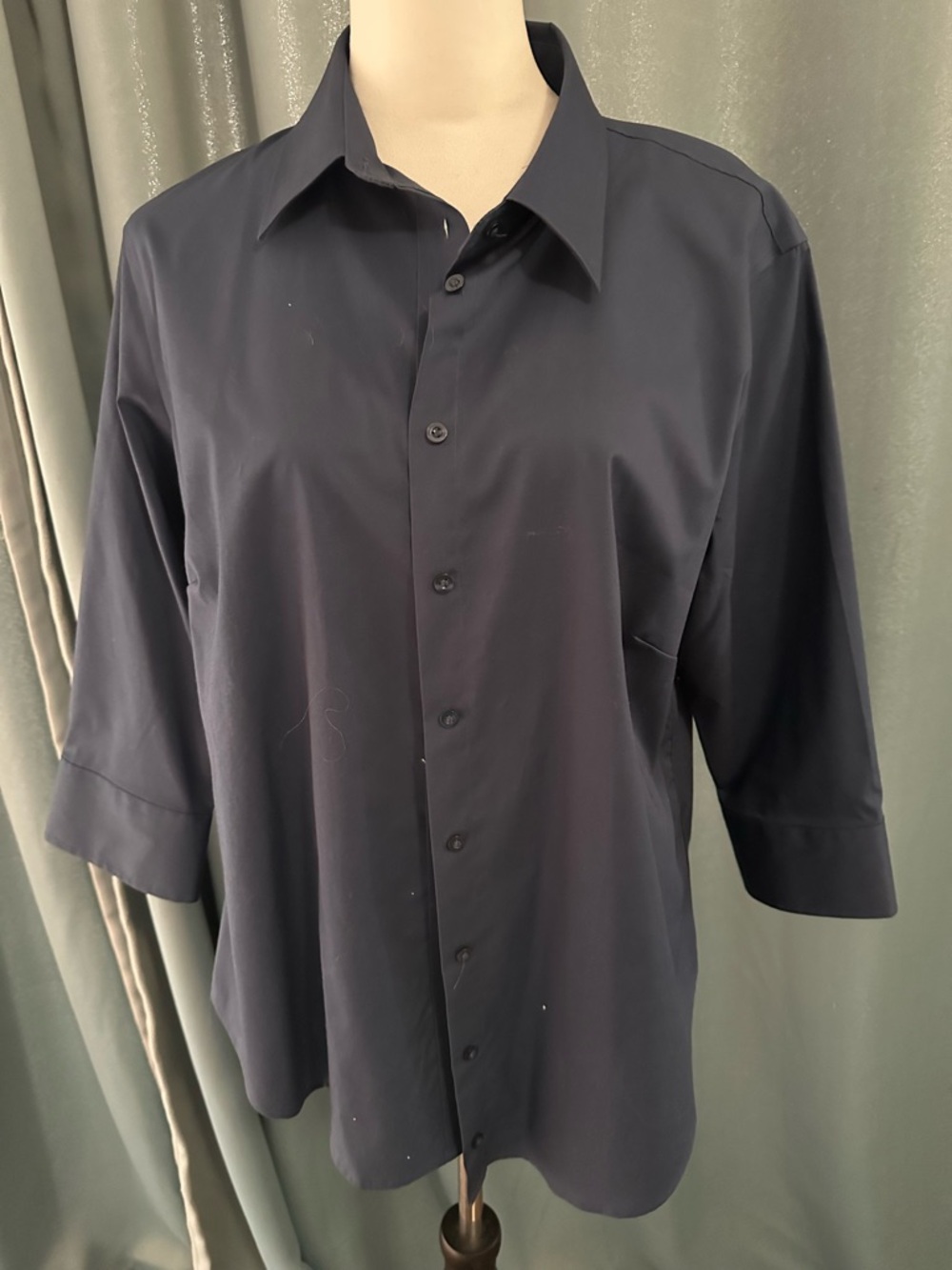 Lady Hathaway Navy Button Front Blouse Top Womens XL 3/4 Sleeve Career Stretch